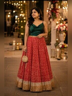 Women’s Red Lace Maxi Skirt with Gold Trim